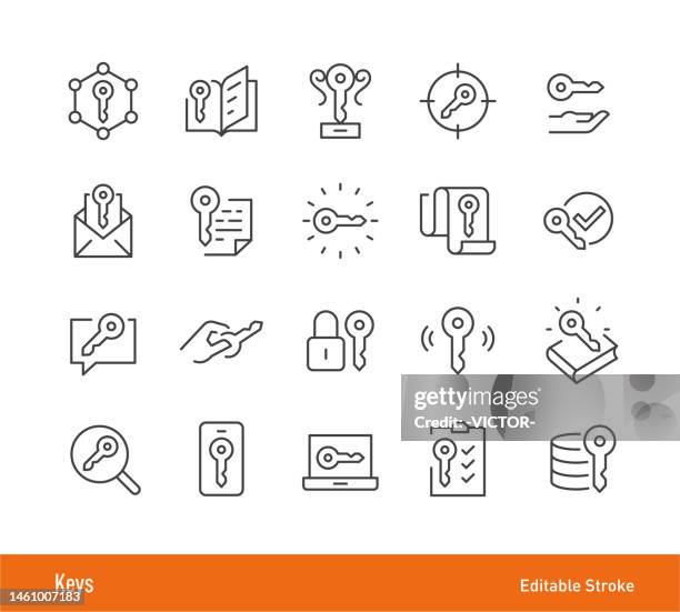 ilustraciones, imágenes clip art, dibujos animados e iconos de stock de iconos de teclas - trazo editable - serie de iconos de línea - llave objetos de seguridad