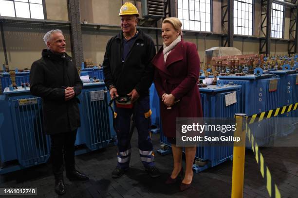 Berlin Governing Mayor Franziska Giffey attends the loading of 400 kVA electric power transformers onto a truck destined for Ukraine at a warehouse...