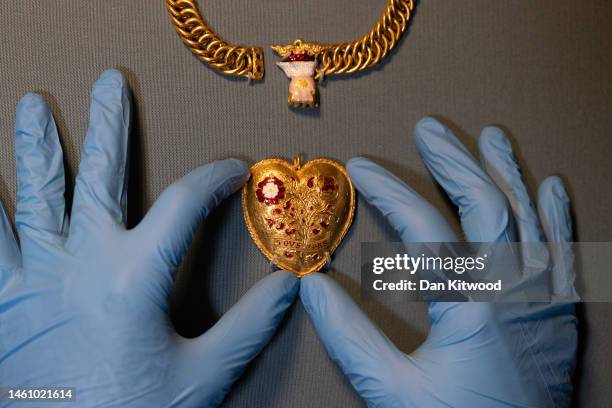 Gold pendant is displayed during a photocall at The British Museum on January 31, 2023 in London, England. The British Museum launches its 2021...