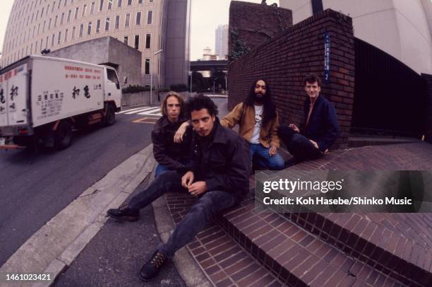 Soundgarden group portrait outside Roppongi Prince Hotel, Tokyo, Japan, 8th February 1994. L-R Matt Cameron, Chris Cornell, Kim Thayil, Ben Shepherd.