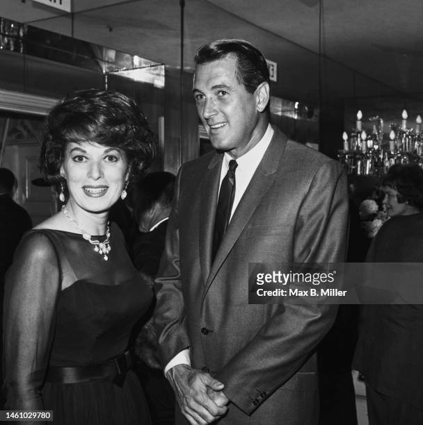 Irish actress Maureen O'Hara and American actor Rock Hudson attend the celebrity reception for the opening of the Overmyer Television Network, in Los...