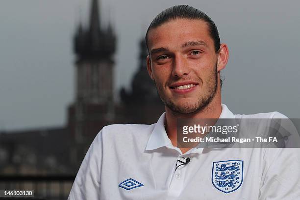 Andy Carroll of England speaks to the media at the Stary Hotel on June 9, 2012 in Krakow, Poland.