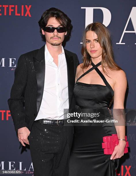 Dylan Jagger Lee and Paula Bruss attend the Premiere of Netflix's "Pamela, a love story" at TUDUM Theater on January 30, 2023 in Hollywood,...