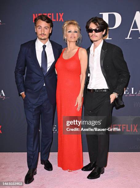 Brandon Thomas Lee, Pamela Anderson, and Dylan Jagger Lee attend the Premiere of Netflix's "Pamela, a love story" at TUDUM Theater on January 30,...