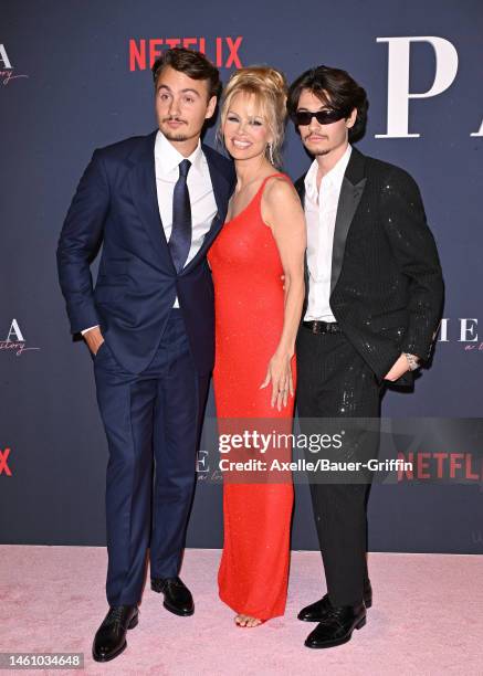 Brandon Thomas Lee, Pamela Anderson, and Dylan Jagger Lee attend the Premiere of Netflix's "Pamela, a love story" at TUDUM Theater on January 30,...