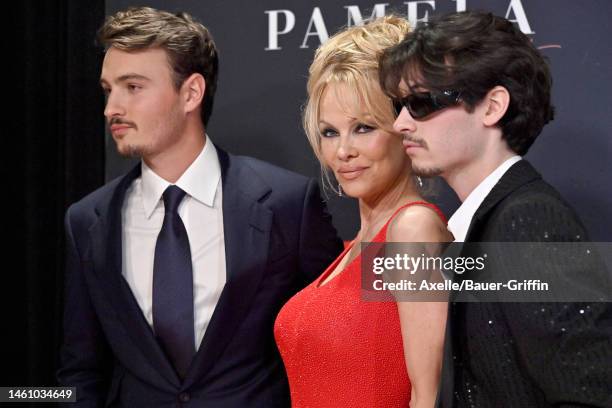 Brandon Thomas Lee, Pamela Anderson, and Dylan Jagger Lee attend the Premiere of Netflix's "Pamela, a love story" at TUDUM Theater on January 30,...