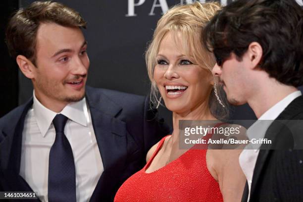 Brandon Thomas Lee, Pamela Anderson, and Dylan Jagger Lee attend the Premiere of Netflix's "Pamela, a love story" at TUDUM Theater on January 30,...