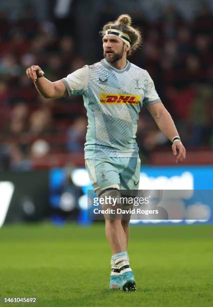 Luke Wallace of Harlequins looks on during the Gallagher Premiership Rugby match between London Irish and Harlequins at Gtech Community Stadium on...