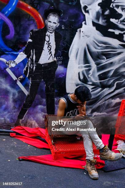 Person sits on cartons smoking a cigarette near Barack Obama street art on January 31, 2023 in Melbourne, Australia. Melbourne, Australia is the...