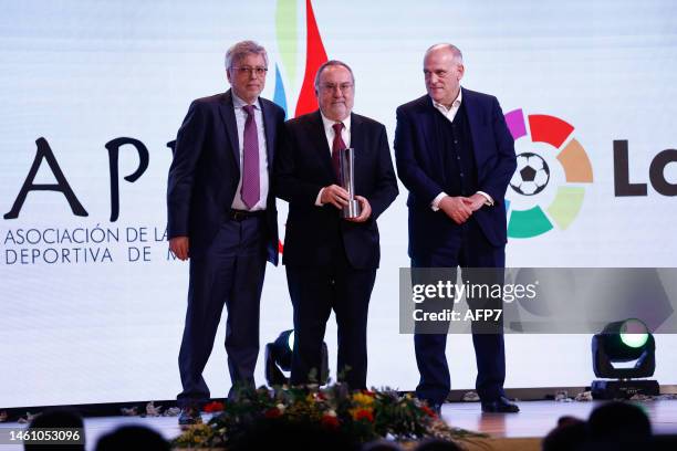 Alfredo Relano receives an award from Javier Tebas during the Madrid Sports Press Association Awards Gala held at the Beatriz Auditorium on january...