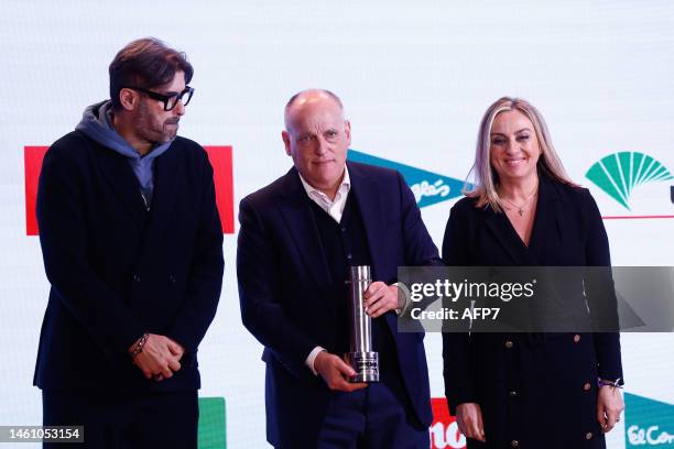 Javier Tebas receives an award during the Madrid Sports Press Association Awards Gala held at the Beatriz Auditorium on january 30 in Madrid, Spain.