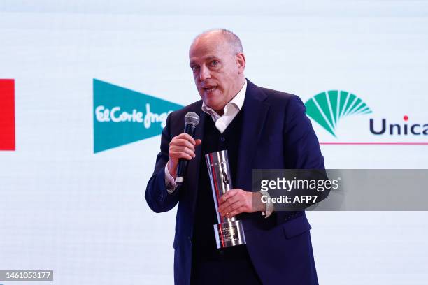 Javier Tebas receives an award during the Madrid Sports Press Association Awards Gala held at the Beatriz Auditorium on january 30 in Madrid, Spain.