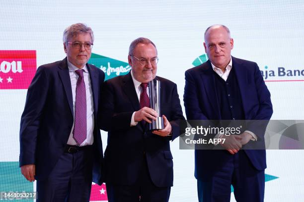Alfredo Relano receives an award from Javier Tebas during the Madrid Sports Press Association Awards Gala held at the Beatriz Auditorium on january...