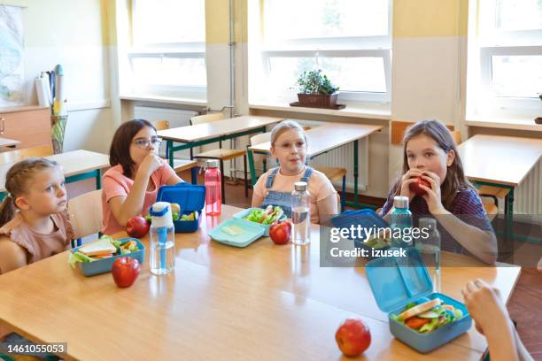 school children having lunch - sack lunch stock pictures, royalty-free photos & images