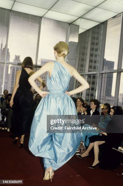 One shoulder light-bluye taffeta dress from Halston's Spring 1980 couture collection