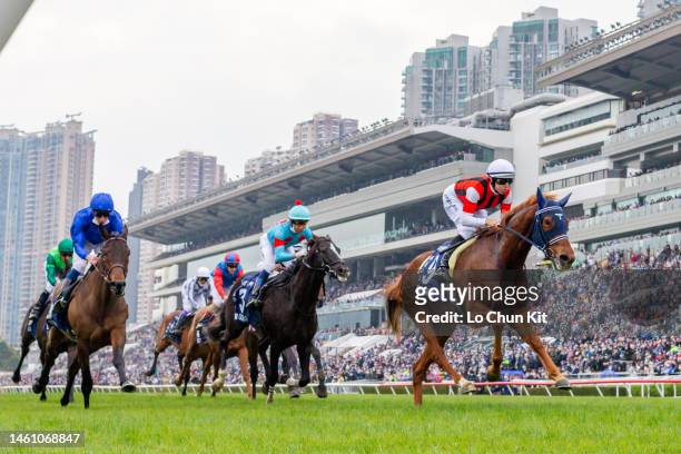 Jockey Damian Lane riding Win Marilyn wins the Race 4 Longines Hong Kong Vase at Sha Tin Racecourse on December 11, 2022 in Hong Kong.