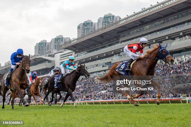 Jockey Damian Lane riding Win Marilyn wins the Race 4 Longines Hong Kong Vase at Sha Tin Racecourse on December 11, 2022 in Hong Kong.