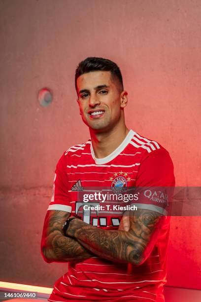 Joao Cancelo of FC Bayern Muenchen during the photo shot on January 31, 2023 in Munich, Germany.