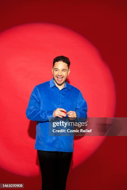 In this image released on February 1 Actor, Adam Thomas supports Red Nose Day 2023 by wearing the new Red Nose, which has been designed by Sir Jony...