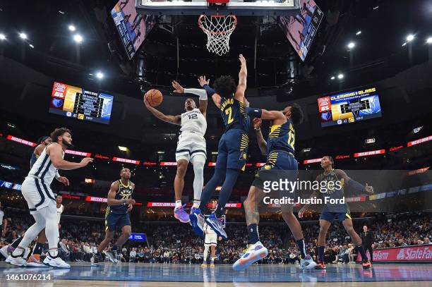 Ja Morant of the Memphis Grizzlies goes to the basket during the game against the Indiana Pacers at FedExForum on January 29, 2023 in Memphis,...