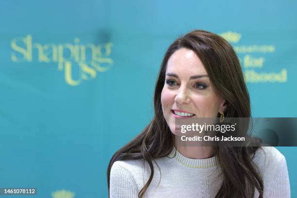 Catherine, Princess of Wales joins students on the Childhood Studies BA at the University of Leeds on January 31, 2023 in Leeds, England. The...