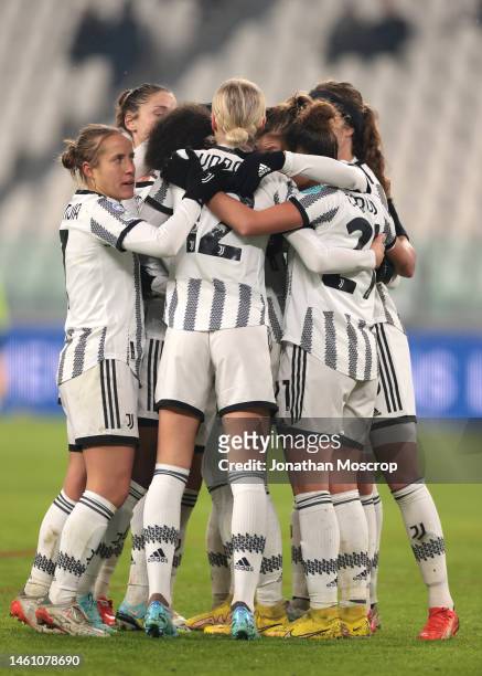 Cristiana Girelli of Juventus celebrates with team mates after scoring her third goal during the UEFA Women's Champions League group C match between...