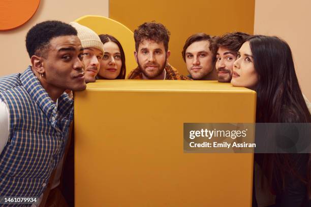 Owen Thiele, Jimmy Tatro, Molly Gordon, Ben Platt, Nick Lieberman, Noah Galvin and Patti Harrison of Theater Camp poses for a portrait at Getty...