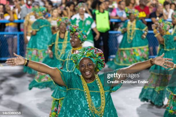 Samba dancers of the Baianas Wing of Mocidade Independente de Padre Miguel rehearse at the Marques de Sapucai sambodromo ahead of the Rio de Janeiro...