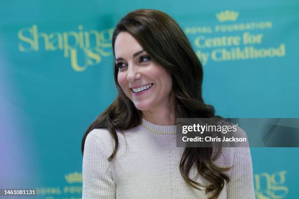 Catherine, Princess of Wales laughs with students on the Childhood Studies BA at the University of Leeds on January 31, 2023 in Leeds, England. The...