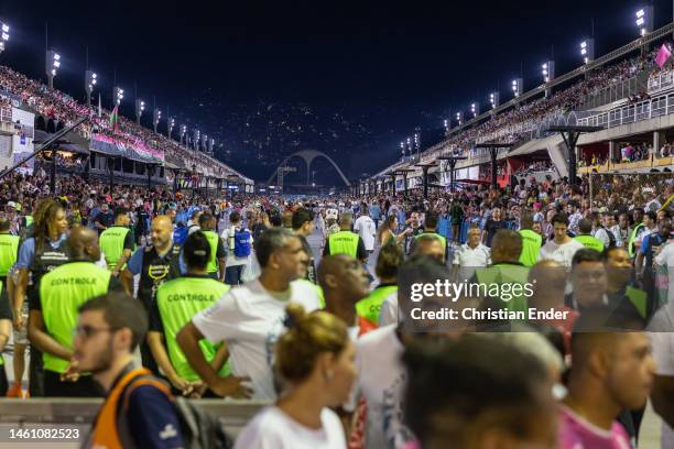 Samba dancers rehearse at the Marques de Sapucai sambodromo ahead of the Rio de Janeiro carnival parade on January 29, 2023 in Rio de Janeiro,...