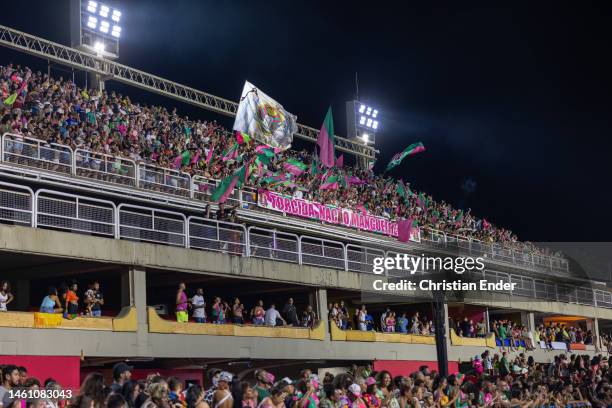 People on the bleachers watch the technical rehearsal of Samba Schools at the Marques de Sapucai sambodromo ahead of the Rio de Janeiro carnival...