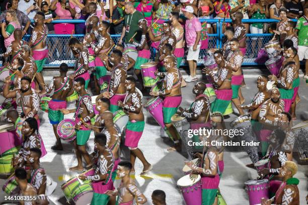 The drummers of the Samba School Mangueira rehearse at the Marques de Sapucai sambodromo ahead of the Rio de Janeiro carnival parade on January 29,...