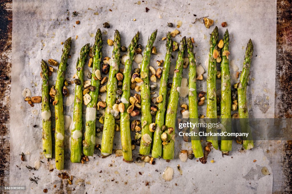 Roasted Asparagus with Pistachios and Thyme.