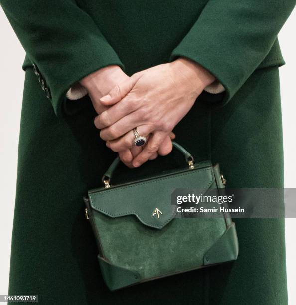 Catherine, Princess of Wales, bag detail, during tour of Kirkgate Market on January 31, 2023 in Leeds, England.