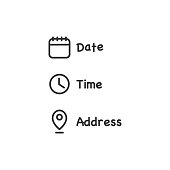 Date and time location address icon. Calendar, clock, location illustration symbol. Sign event data vector