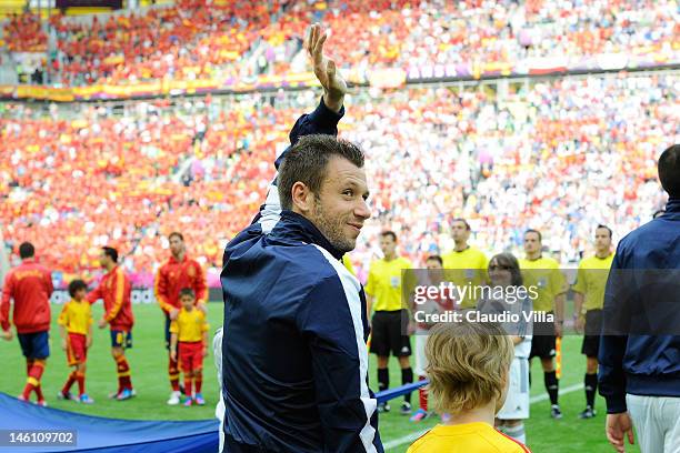 Antonio Cassano of Italy waves during the UEFA EURO 2012 group C match between Spain and Italy at The Municipal Stadium on June 10, 2012 in Gdansk,...