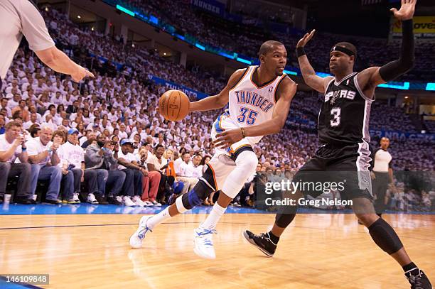 Playoffs: Oklahoma City Thunder Kevin Durant in action vs San Antonio Spurs Stephen Jackson at Chesapeake Energy Arena. Game 6. Oklahoma City, OK...