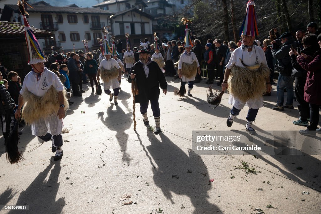 Basque Tribe People dressed up as Bellringer carrying sheep furs and big cowbells ...
