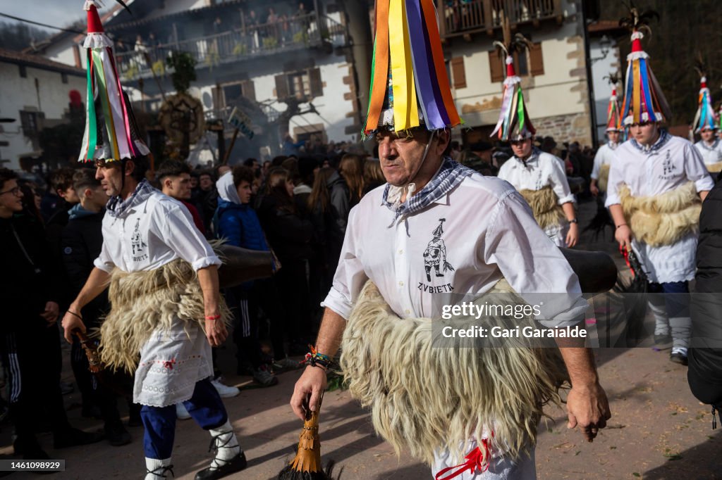 Basque Tribe People dressed up as Bellringer carrying sheep furs and big cowbells ...