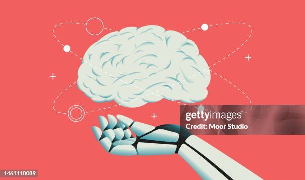 ilustraciones, imágenes clip art, dibujos animados e iconos de stock de robot sosteniendo la mano del cerebro humano ilustración - vectores viñetas