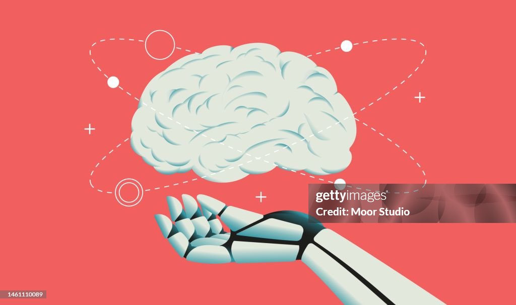 Illustration de la main d’un robot tenant un cerveau humain