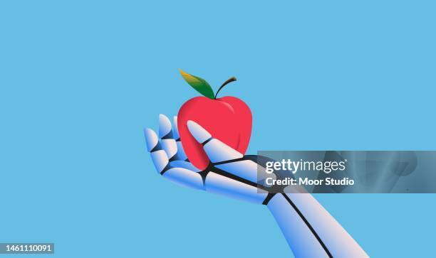 robot hand holding an apple illustration - artificial-robotic-internal-organ stock illustrations