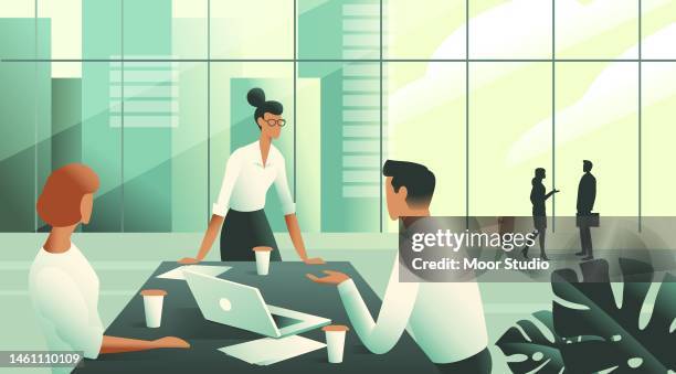 berufseinsteiger diskutieren über illustration - büro stock-grafiken, -clipart, -cartoons und -symbole