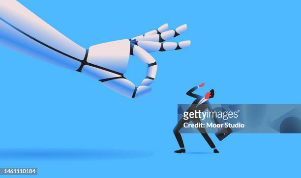 riesiger roboter flicking tiny man illustration - artificial intelligence stock-grafiken, -clipart, -cartoons und -symbole