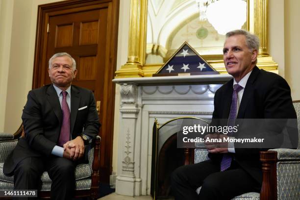 Speaker of the House Kevin McCarthy speaks to the press alongside King Abdullah II of Jordan in the speaker's office at the U.S. Capitol Building...