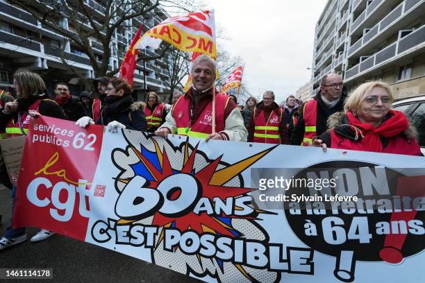 Protesters demonstrate against pensions reform on January 31, 2023 in Lille, France. Following a general strike on January 19, a group of French...