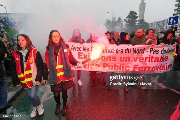 Protesters demonstrate against pensions reform on January 31, 2023 in Lille, France. Following a general strike on January 19, a group of French...