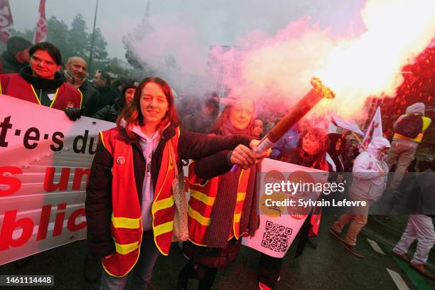 Protesters demonstrate against pensions reform on January 31, 2023 in Lille, France. Following a general strike on January 19, a group of French...