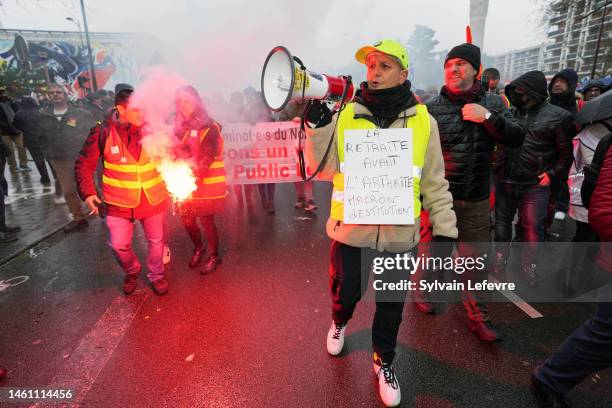 Protesters demonstrate against pensions reform on January 31, 2023 in Lille, France. Following a general strike on January 19, a group of French...