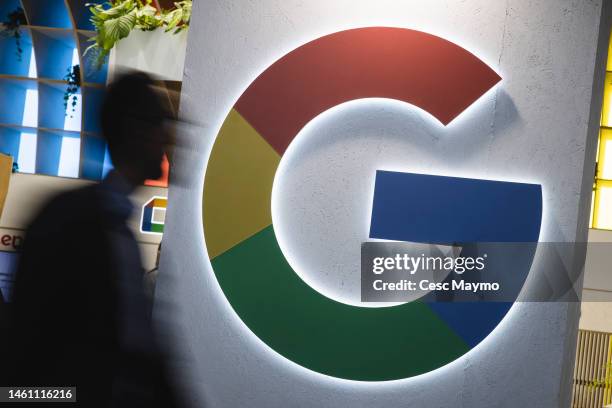 Logo sits illuminated outside the Google booth at ISE 2023 and IOT Solution World Congress at Fira Barcelona on January 31, 2023 in Barcelona, Spain....